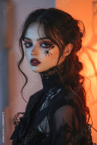A young, beautiful woman dressed in a chic Halloween costume with dramatic makeup and accessories