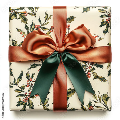 A Christmas gift box tied with a ribbon and bow, isolated on a white background