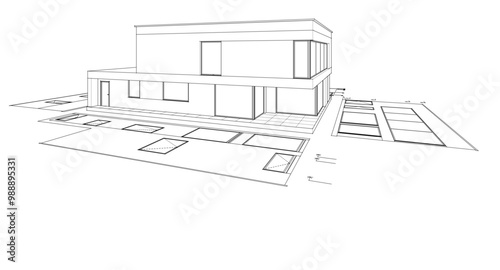 house architectural project sketch 3d illustration	
