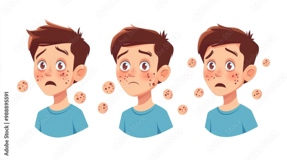 Infographic on acne and dark spots featuring a cartoon character A distressed teenager faces skin issues highlighting the concept of facial skin problems in a modern flat style Infographic on acne and dark spots featuring a cartoon character A distressed teenager faces skin issues highlighting the concept of facial skin problems in a modern flat style