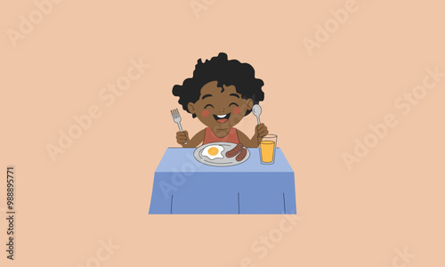 Happy child enjoying breakfast with eggs, sausage, and juice