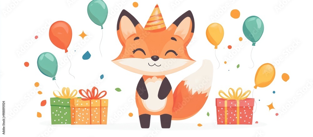 Birthday themed fox cub illustration in a flat cartoon style on a white background Birthday themed fox cub illustration in a flat cartoon style on a white background