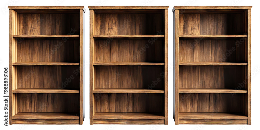 Set of wooden bookcases with empty shelves, isolated on transparent cutout background Set of wooden bookcases with empty shelves, isolated on transparent cutout background
