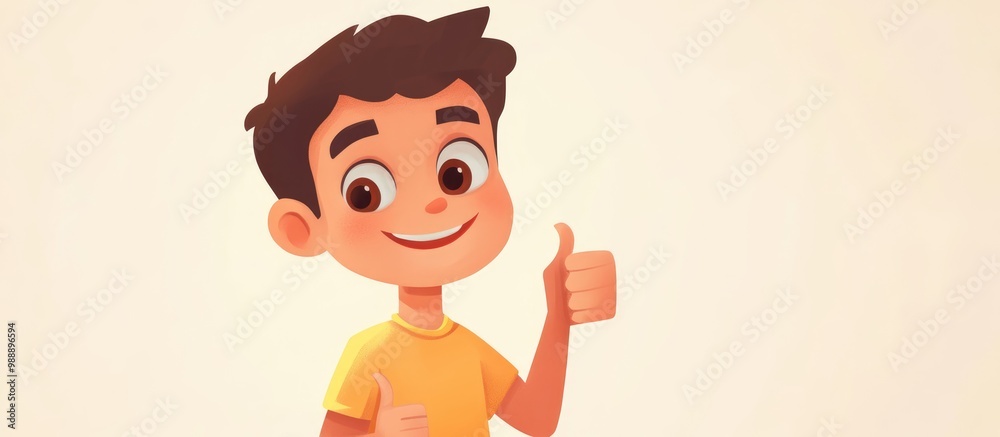 Curious boy in a flat color cartoon style showing a thumbs up gesture