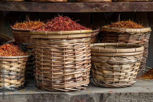 Collection of saffron, with a wicker basket photo