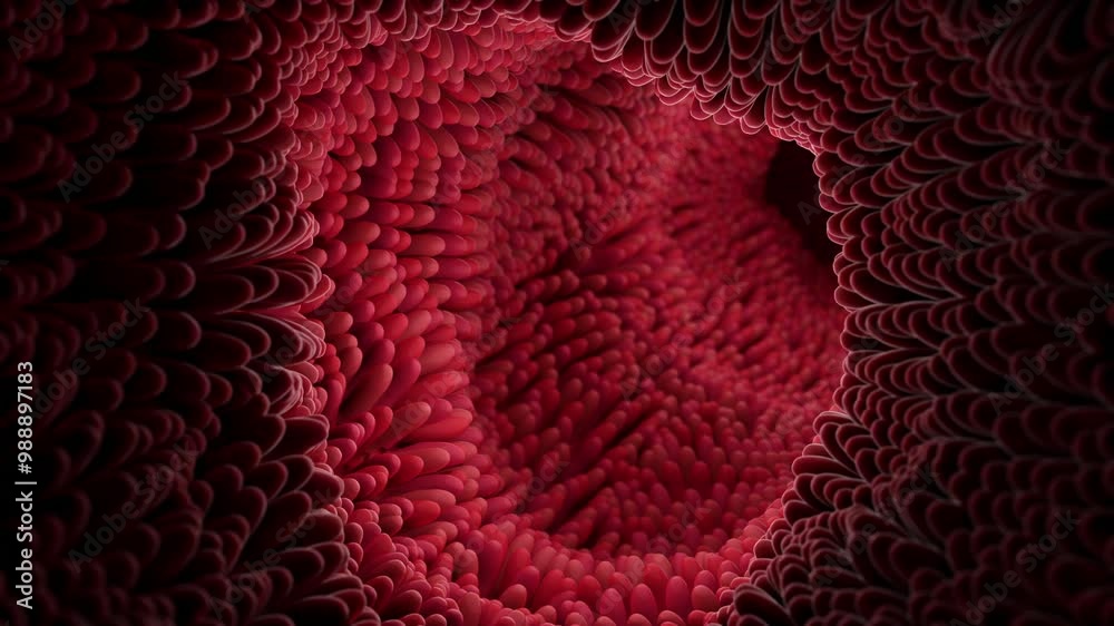 Enlargement of the surface of the small intestine in the digestive system, rich in undulating microvilli. 3d rendering