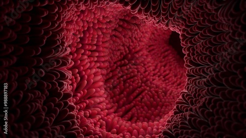 Enlargement of the surface of the small intestine in the digestive system, rich in undulating microvilli. 3d rendering