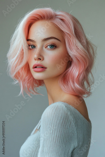A stylish woman with trendy pastel pink hair, posing confidently against a neutral background
