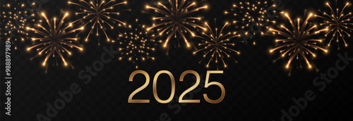 Vector fireworks png. Banner with golden text 2025. Fireworks, pyrotechnics PNG. Festive background. Happy New Year.