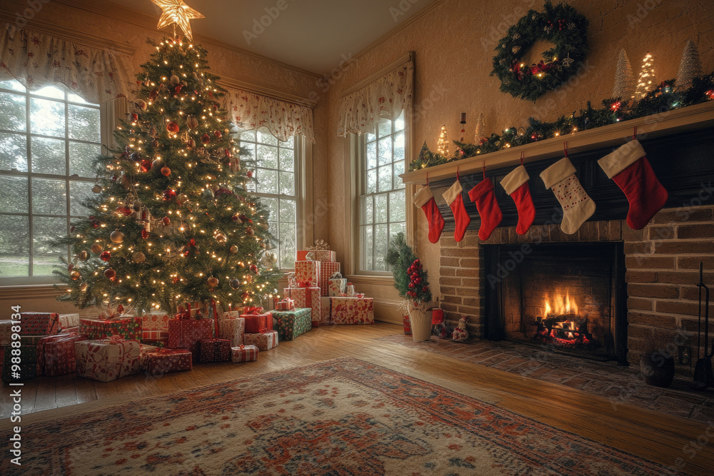 A cozy Christmas scene with a decorated tree, glowing lights, and presents by the fireplace