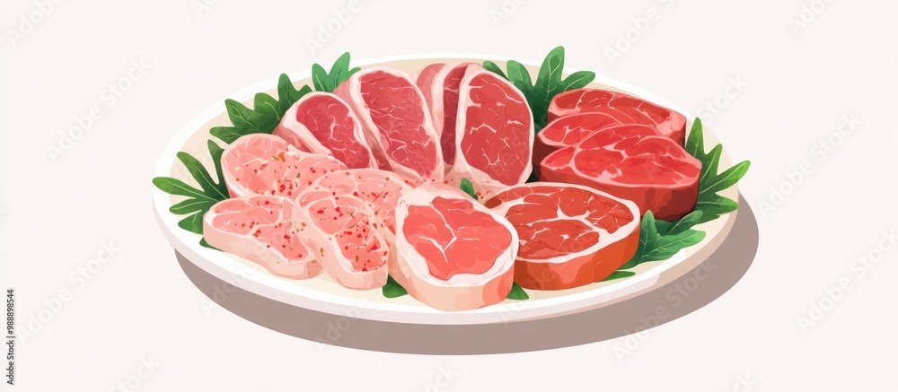 Fresh meat slices arranged on a plate Minimalist flat design Fresh meat slices arranged on a plate Minimalist flat design