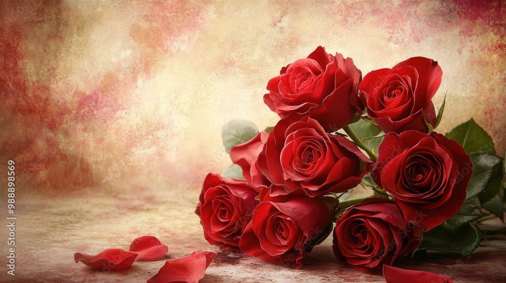A bouquet of red roses placed elegantly on a romantic floral background, symbolizing love, passion, and beauty. A bouquet of red roses placed elegantly on a romantic floral background, symbolizing love, passion, and beauty.