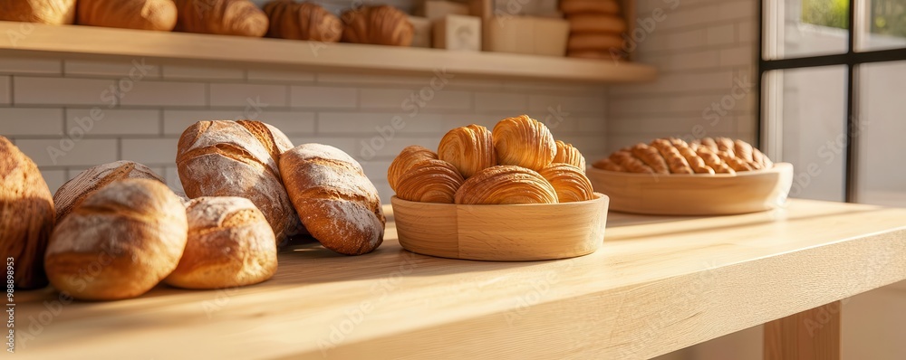Cozy bakery interior, with fresh croissants and loaves of bread displayed on wooden shelves, warm sunlight streaming through the windows Cozy bakery interior, with fresh croissants and loaves of bread displayed on wooden shelves, warm sunlight streaming through the windows