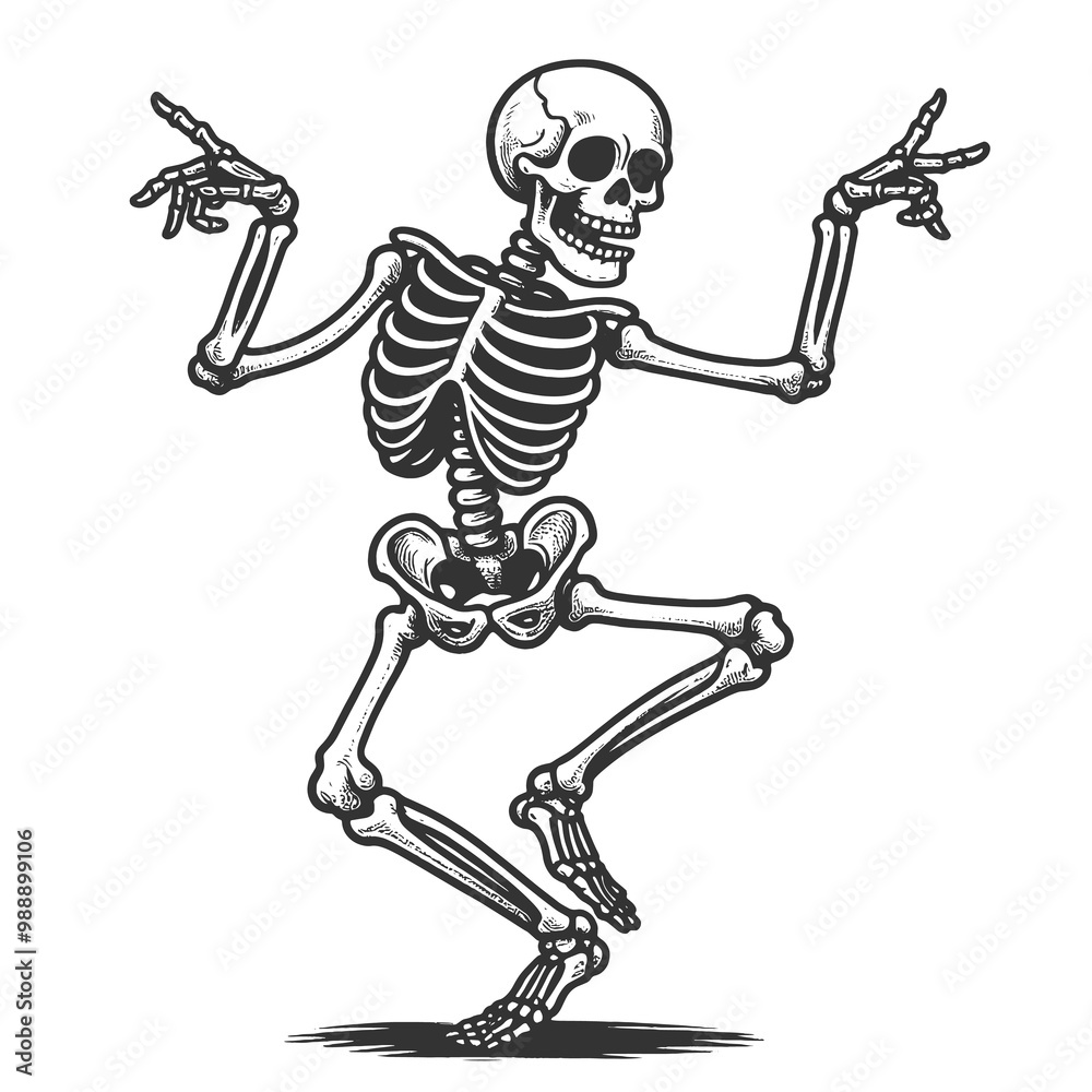 Obraz premium skeleton dancing, dance pose, exuding a fun and spooky vibe sketch engraving generative ai raster illustration. Scratch board imitation. Black and white image.
