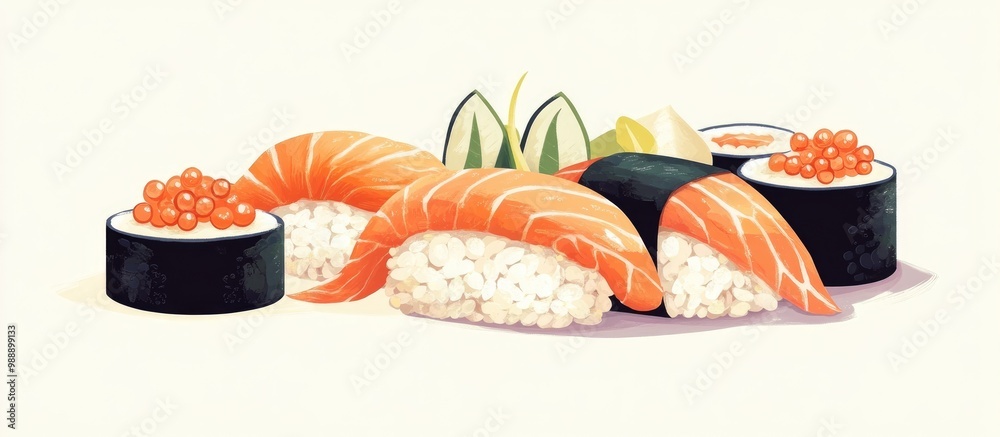 Delicious temaki sushi set featuring raw tuna salmon caviar rice and nori illustrated in a colorful cartoon flat style Delicious temaki sushi set featuring raw tuna salmon caviar rice and nori illustrated in a colorful cartoon flat style