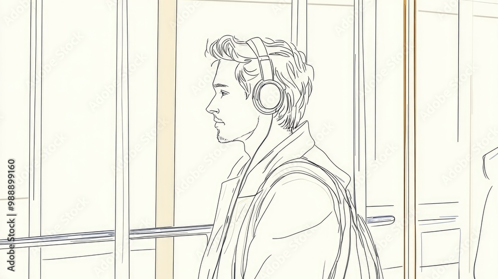 Continuous single line drawing of a businessman with headphones holding ...