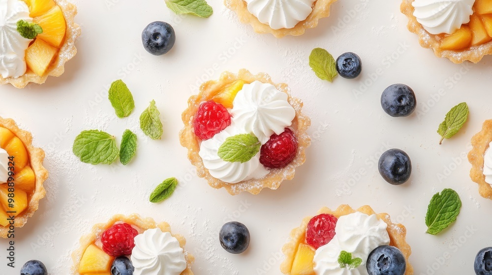 A delightful arrangement of fruit tarts topped with whipped cream and fresh mint leaves. A delightful arrangement of fruit tarts topped with whipped cream and fresh mint leaves.