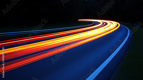 Dynamic light trails illuminate a winding road under the night sky, showcasing speed and motion in a captivating display.