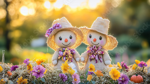 Adorable scarecrow couple with burlap faces sitting in hay at sunset, surrounded by pumpkin flowers in a festive autumn field.
