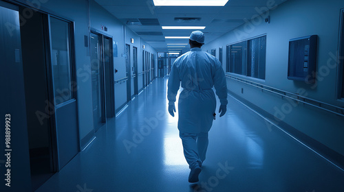 Cinematic image of a nurse in a white uniform walking down a tranquil blue hospital corridor, creating a serene atmosphere.