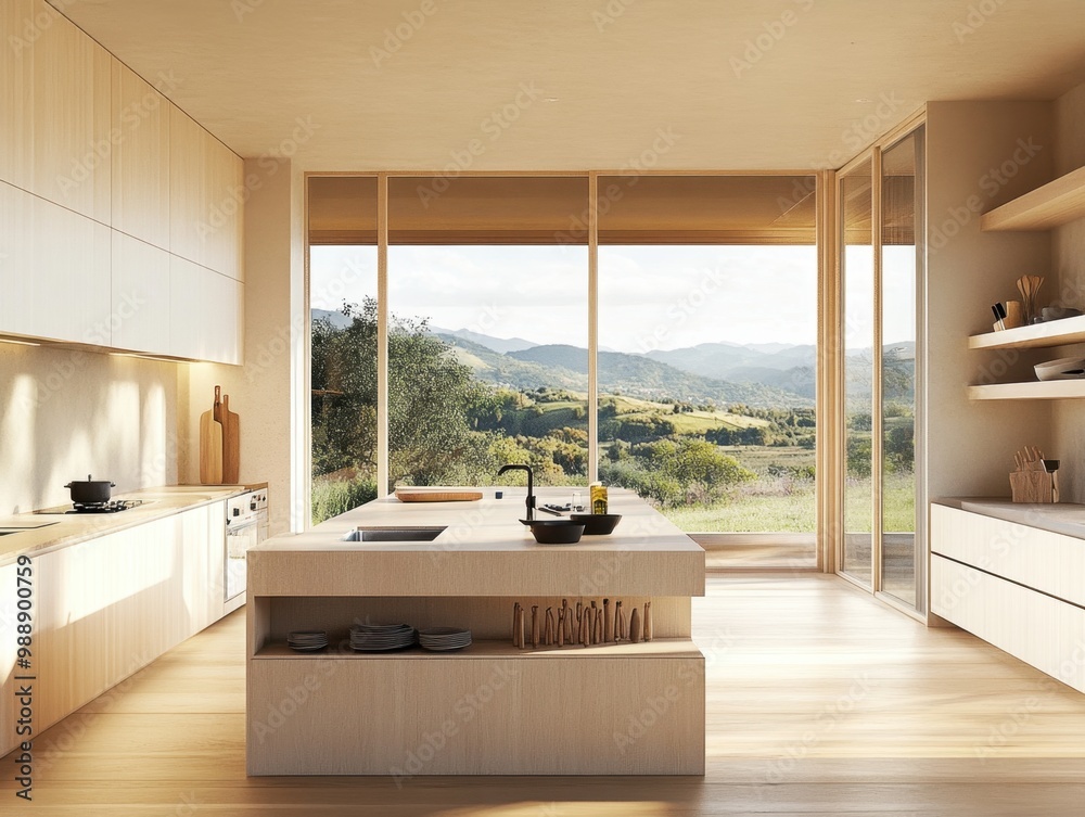 Fototapeta premium A kitchen with a large island and a window overlooking a field. The island has a sink and a few bowls on it