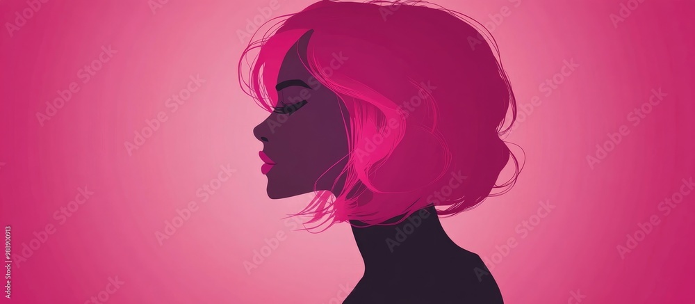 Flat illustration of a cartoon style silhouette featuring a beautiful woman with pink hair Flat illustration of a cartoon style silhouette featuring a beautiful woman with pink hair