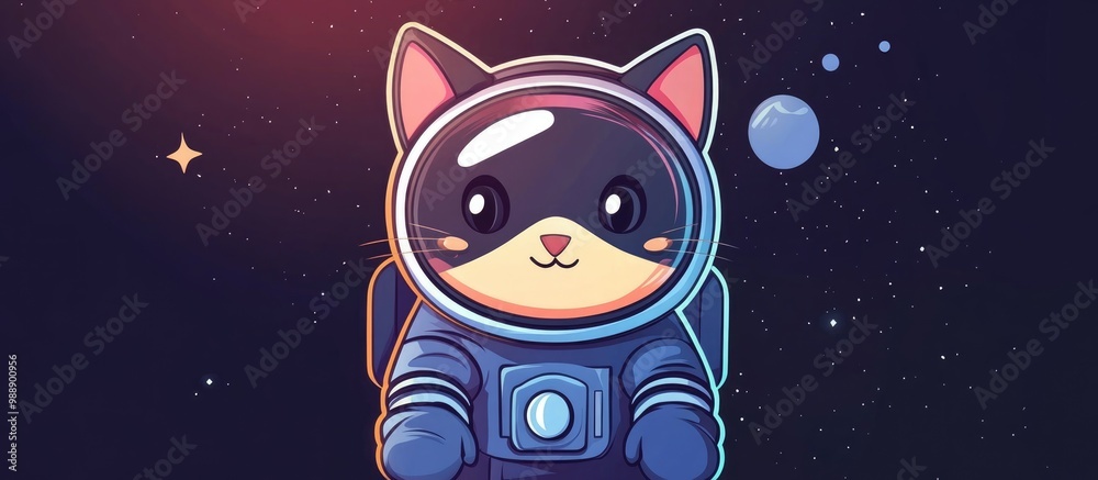 Fototapeta premium Cartoon cat in a cute flat color style dressed as an astronaut