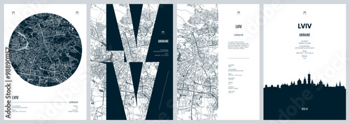 Set of travel posters with Lviv, detailed urban street plan city map, Silhouette city skyline, vector artwork