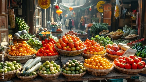 Vibrant Produce Display at an Asian Market