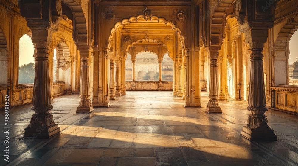Obraz premium Stunning ancient Indian palace, romantic wind flowing through the halls, showcasing its architectural beauty and historical grandeur