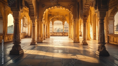 Stunning ancient Indian palace, romantic wind flowing through the halls, showcasing its architectural beauty and historical grandeur