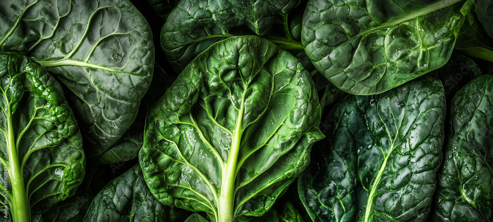 Top view of fresh spinach leaves against a dark background Top view of fresh spinach leaves against a dark background
