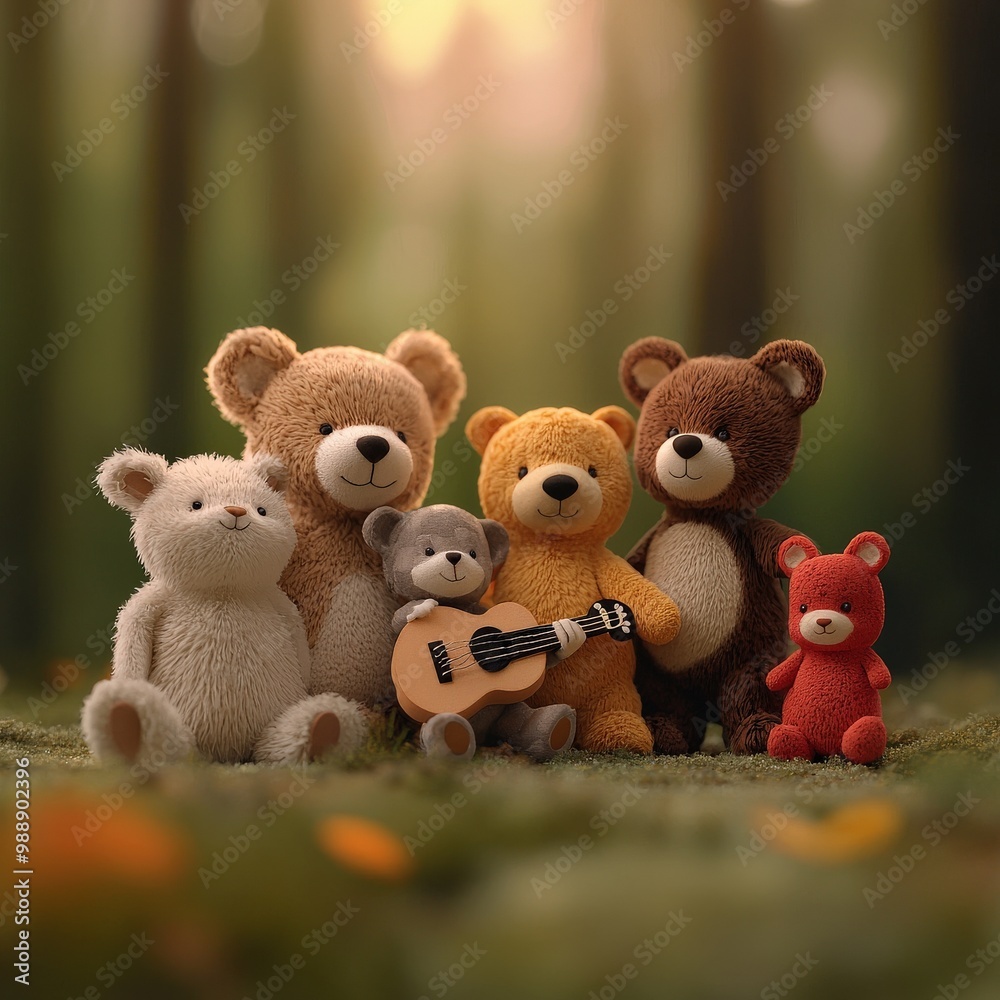 Obraz premium A charming group of plush bears, one holding a guitar, set in a serene forest background.