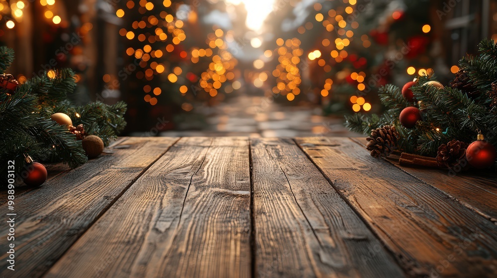 Empty wooden table with a blurred background of Christmas lights and decorations for product display Empty wooden table with a blurred background of Christmas lights and decorations for product display