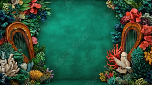 A vibrant underwater scene framed with colorful corals and marine plants, creating a whimsical ocean atmosphere. photo