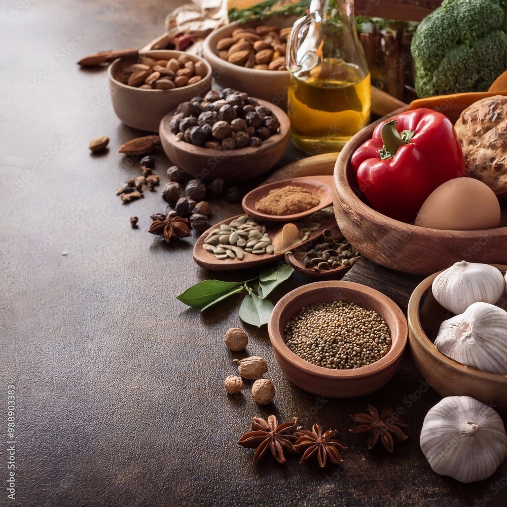 Cereals, pepper, garlic, onions, oil, and sprig of basil on a wooden table Cereals, pepper, garlic, onions, oil, and sprig of basil on a wooden table