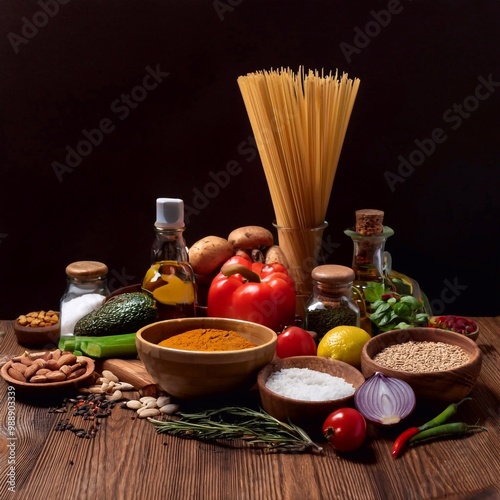 Set raw food for cooking Italian food on a wooden table on a dark background with copy space photo