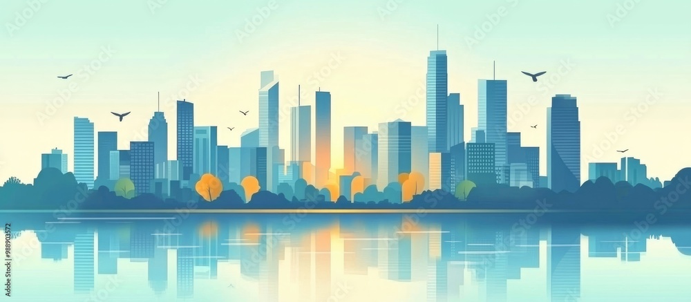 Obraz premium Urban landscape background featuring a cityscape skyline in a flat design style