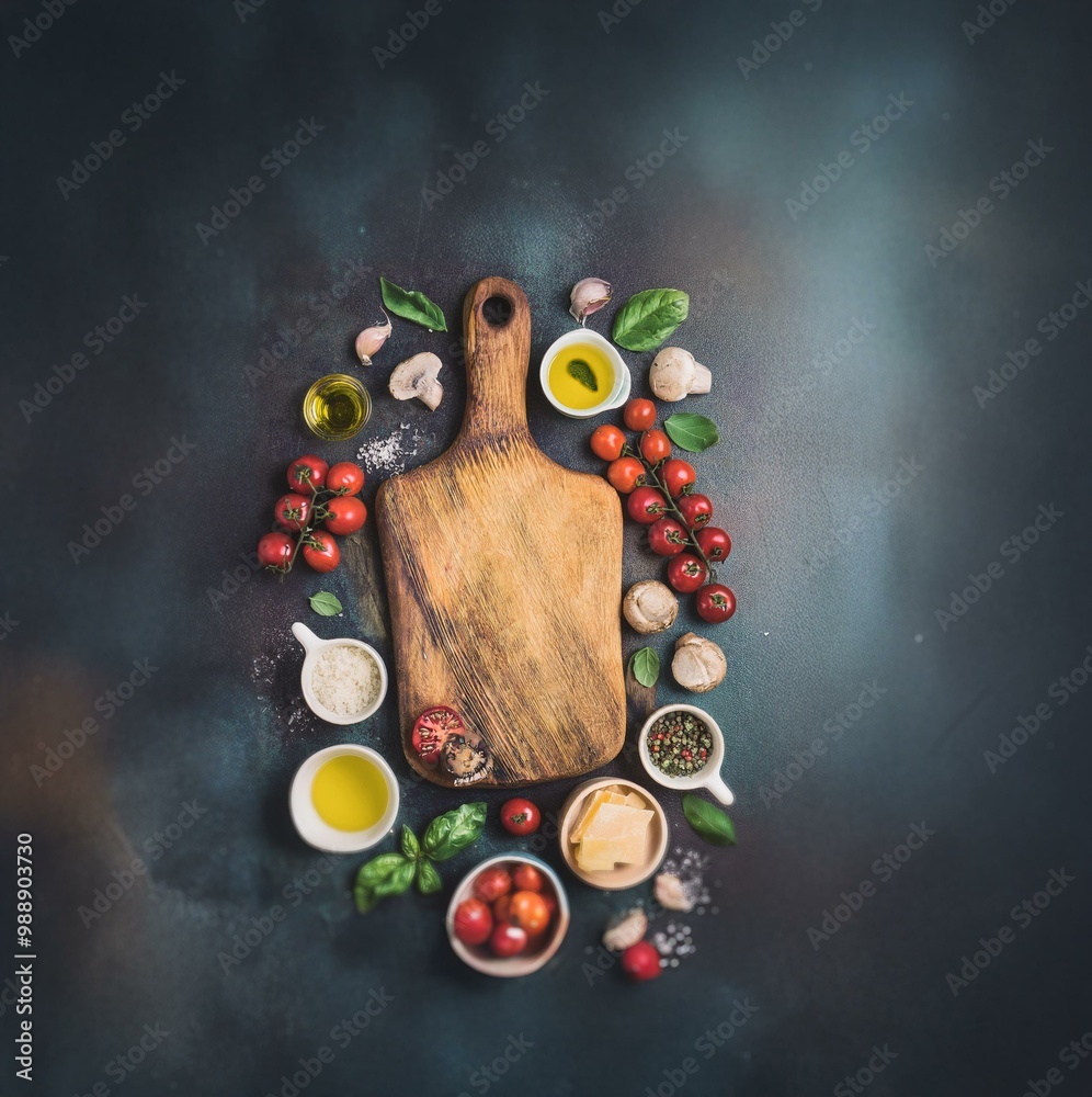 Wooden cutting board surrounded by fresh ingredients, including tomatoes, mushrooms, basil, garlic, olive oil, salt, and pepper. Wooden cutting board surrounded by fresh ingredients, including tomatoes, mushrooms, basil, garlic, olive oil, salt, and pepper.
