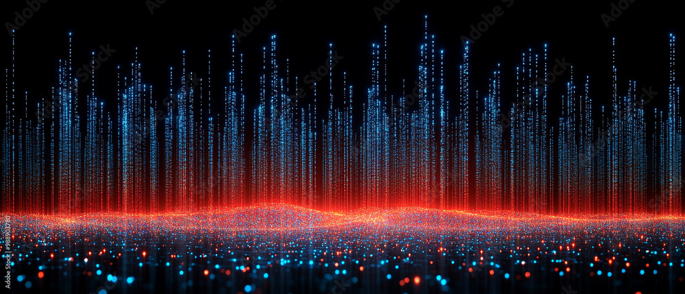 Obraz premium Vibrant digital sound waves with blue and red tones, representing audio frequencies in a visually stunning manner.