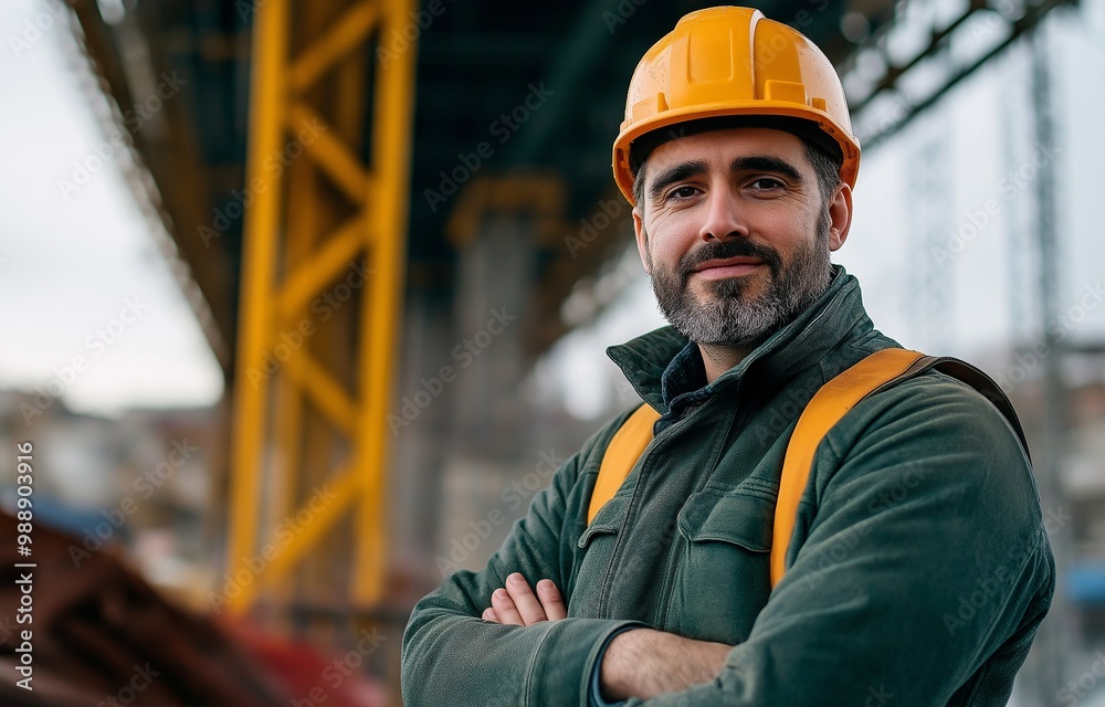 Portrait of a confident construction worker wearing a hard hat and safety gear at a construction site. Portrait of a confident construction worker wearing a hard hat and safety gear at a construction site.