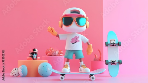 A colorful, cartoon character wearing a helmet and goggles, rides a skateboard in a vibrant, abstract scene. photo