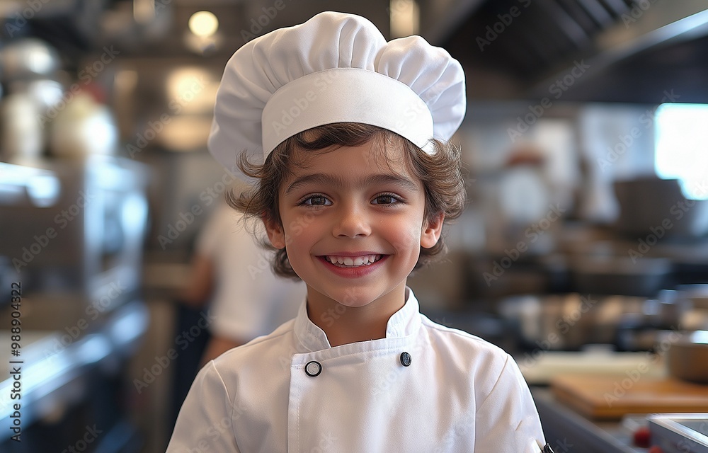 A cheerful young boy dressed as a chef, wearing a white uniform and chef's hat. A cheerful young boy dressed as a chef, wearing a white uniform and chef's hat.