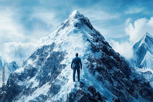 A business man Facing Tall Snowy Mountain Summit Challenge