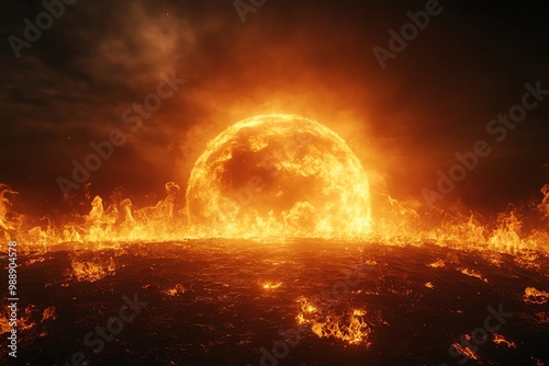 A fiery sun rising over a molten surface, showcasing intense heat and energy.