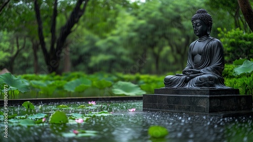 Buddha statue sits in meditation during a gentle rain.