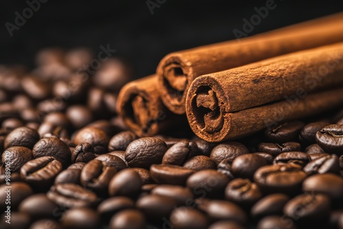 Close-up view of roasted coffee beans with cinnamon sticks placed on top, creating a warm and aromatic setting with a dark background. photo