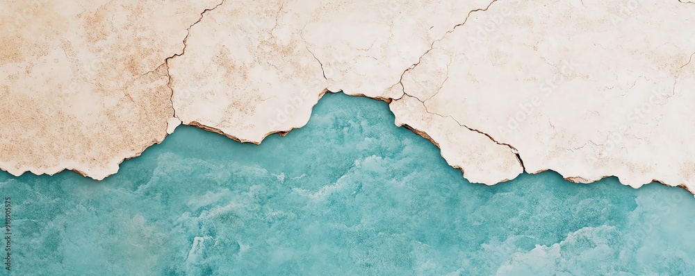 Fototapeta premium Aerial view of cracked earth and turquoise water, showcasing natural textures.