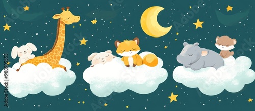 Adorable flat illustrations of animals on clouds and moons featuring a sleepy giraffe fox rabbit hippo sloth owl bear and elephant Dreamy design elements included
