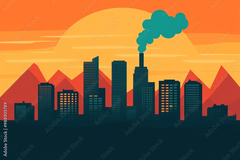 Fototapeta premium City skyline with mountains and sunset background, vibrant colors.